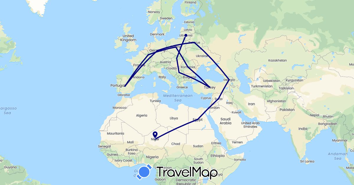 TravelMap itinerary: driving in Belarus, Germany, Egypt, Spain, Georgia, Lithuania, Luxembourg, Niger, Poland, Romania, Serbia, Slovakia, Syria, Turkey (Africa, Asia, Europe)